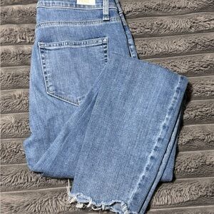 PAIGE Light Blue Straight Leg Jeans with Fringed Hem